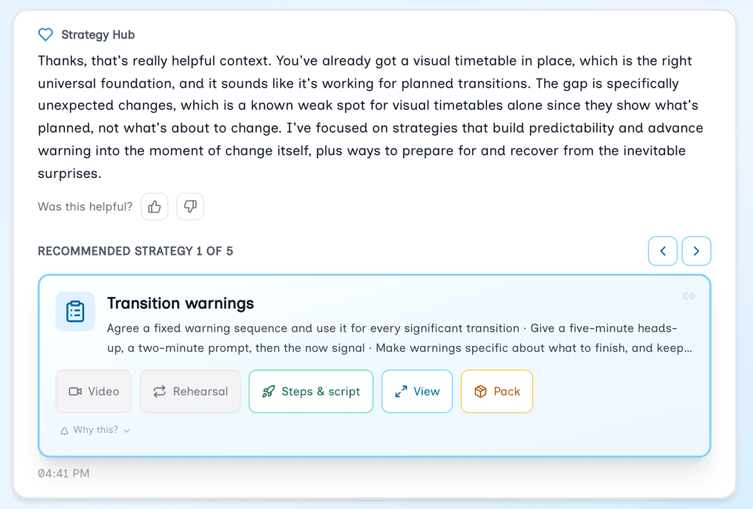The Strategy Hub replying to a teacher about a P4 pupil who finds transitions hard, with Transition warnings as the first recommended strategy